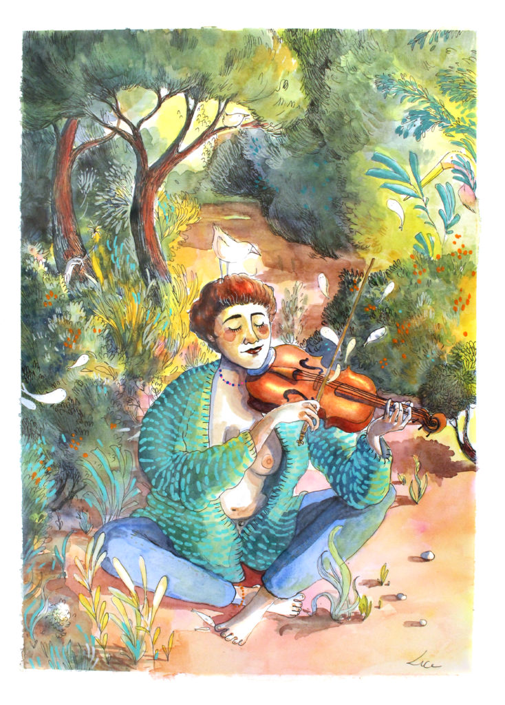 art and music: drawing of a musician sitting in a forest playing violin